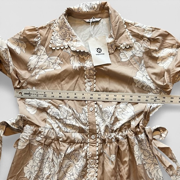 Wenrine Spring Summer Floral Maxi Dress Tie Waist Boho 3/4 Sleeve Neutral Tan B2 - Picture 8 of 9